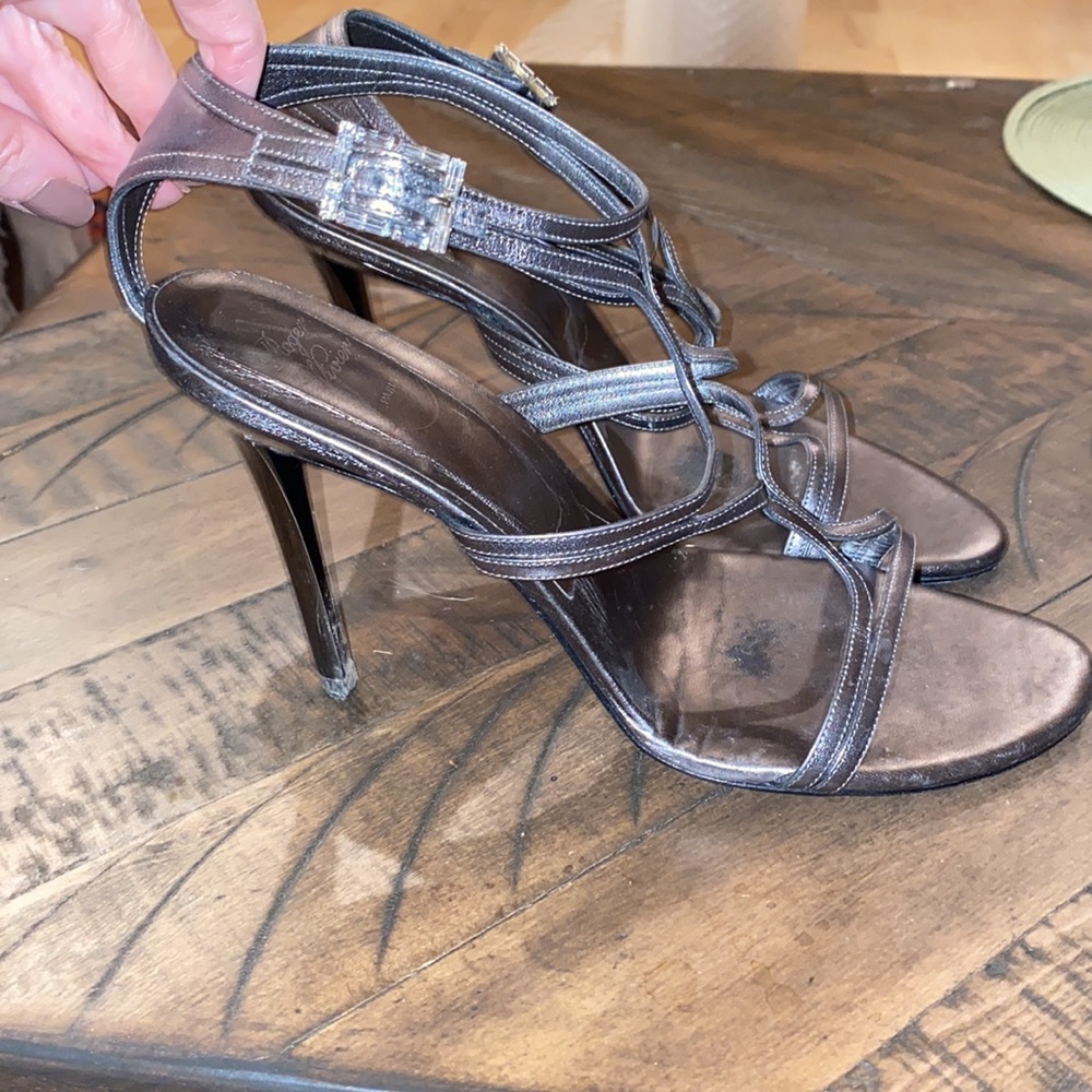 Roger Vivier Strappy Pewter Leather with Metallic Heels & Jeweled buckle